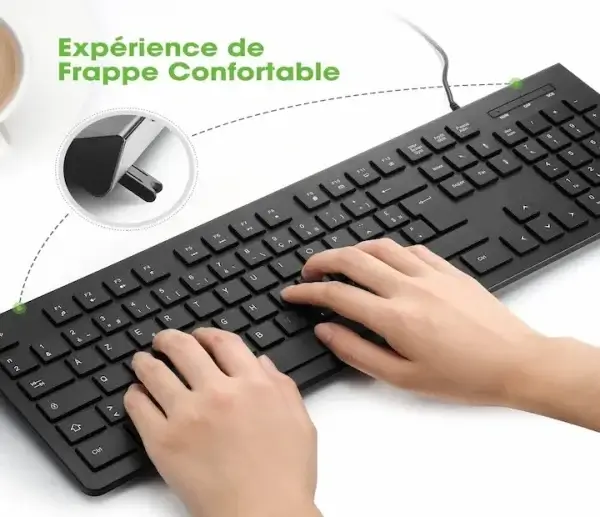 Clavier Informatique AZERTY1 Clavier informatique AZERTY standard noir, conçu pour un confort de frappe optimal et une productivité accrue au bureau, disponible chez BoulevardTech à Bamako.