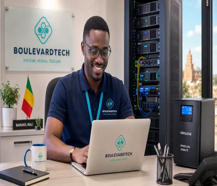 Expert informatique BoulevardTech installant un onduleur pour une PME à Bamako