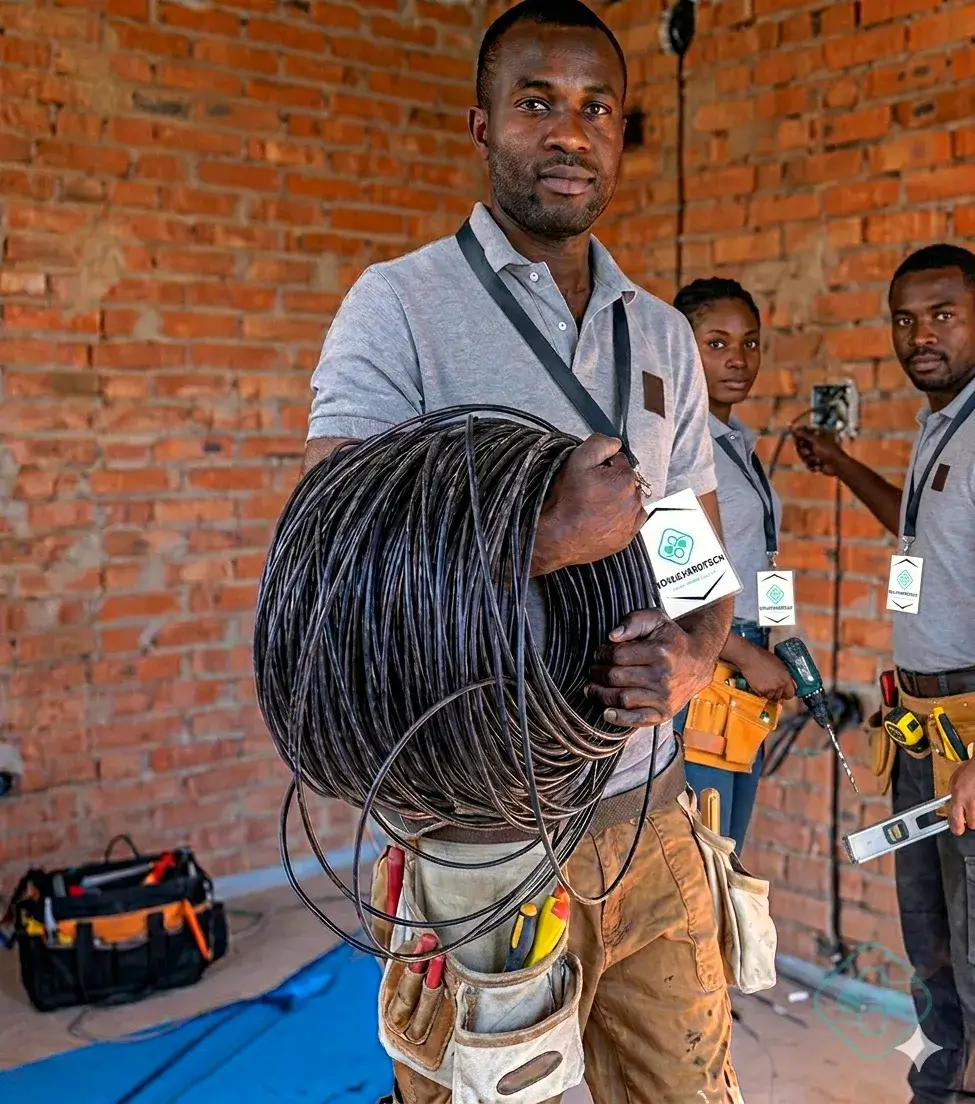 Technicien BoulevardTech préparant un rouleau de câble réseau sur un chantier à Bamako