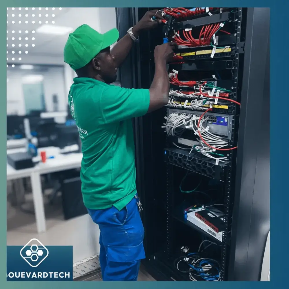 Baie de brassage réorganisée par un technicien BoulevardTech dans un bureau à Bamako