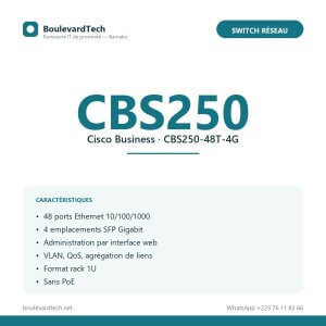Fiche technique du switch Cisco Business CBS250-48T-4G : 48 ports Gigabit, 4 SFP, sans PoE