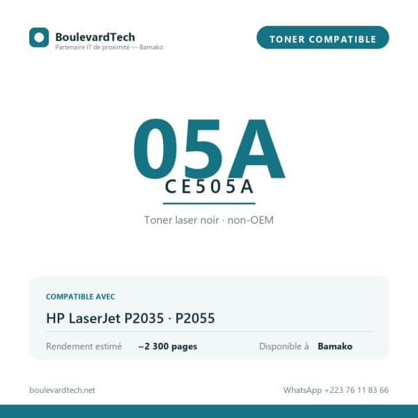 Toner compatible 05A (CE505A) — BoulevardTech Bamako Toner compatible 05A CE505A pour HP LaserJet P2035, P2055, disponible à Bamako