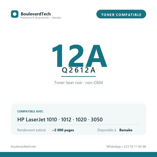 Toner compatible 12A (Q2612A) — BoulevardTech Bamako Toner compatible 12A Q2612A pour HP LaserJet 1010, 1012, 1020, 3050, disponible à Bamako