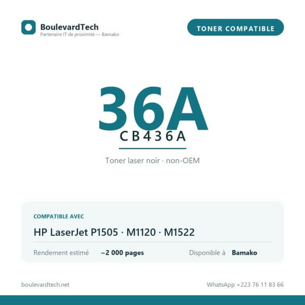Toner compatible 36A (CB436A) — BoulevardTech Bamako Toner compatible 36A CB436A pour HP LaserJet P1505, M1120, M1522, disponible à Bamako