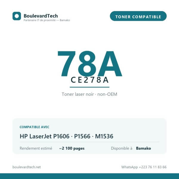 Toner compatible 78A (CE278A) — BoulevardTech Bamako Toner compatible 78A CE278A pour HP LaserJet P1606, P1566, M1536, disponible à Bamako