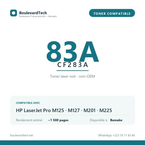 Toner compatible 83A (CF283A) — BoulevardTech Bamako Toner compatible 83A CF283A pour HP LaserJet Pro M125, M127, M201, M225, disponible à Bamako